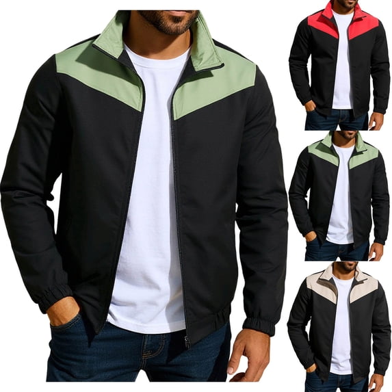 Timoontee Men's Stand Collar Jacket Lightweight Fall Long Sleeve Jacket Stylish Casual Jacket Outdoor Sprots Jacket Color Block Zipper Jacket Green L