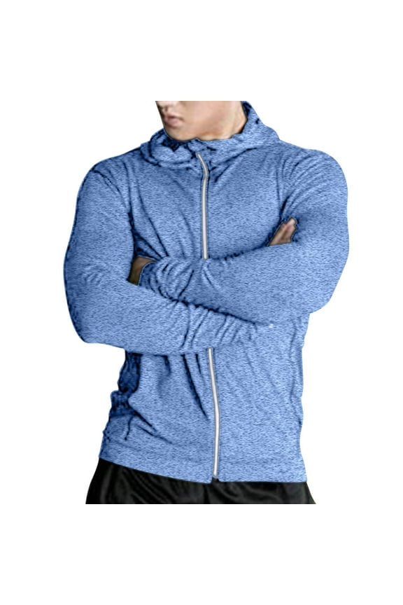 Men's Stretch Cardigan Hoodies Slim Fit Long Sleeve Solid Full Zip Blouse Lightweight Breathable Casual Workout Hooded Tops Blue XXXL