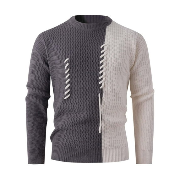 Timoontee Men's Stretch Sweater Cable Knit Sweater Color Block Pullover Tops Long Sleeve Crewneck Sweater Fall Winter Fashion Casual Warm Sweaters Gray XL