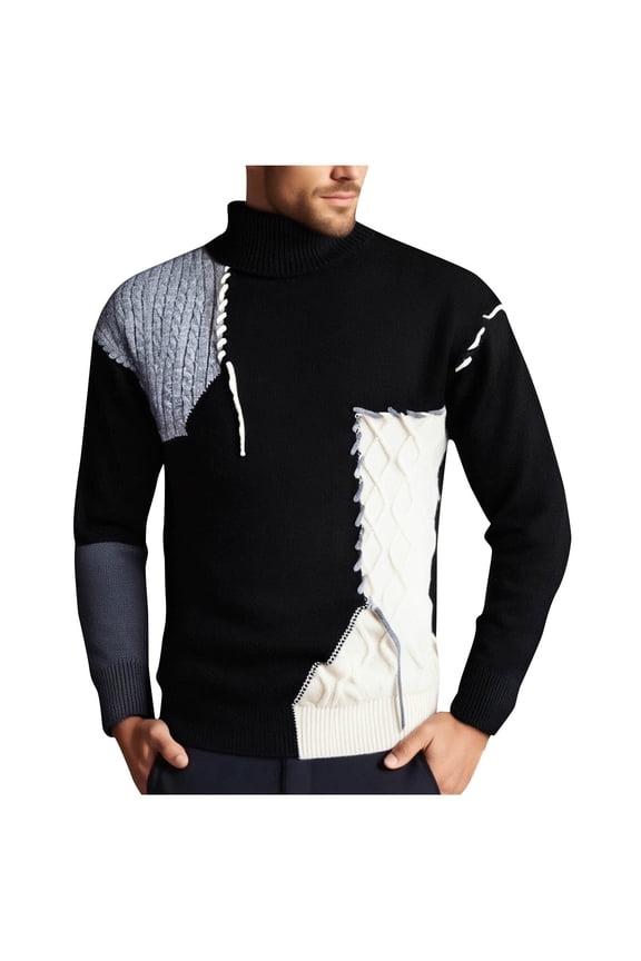 Men's Stretch Sweater Cable Knit Sweater Color Block Pullover Tops Long Sleeve Turtleneck Sweater Casual Fall Winter Fashion Sweaters Black XXXL