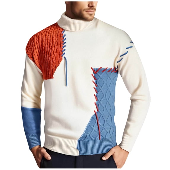 Timoontee Men's Stretch Sweater Cable Knit Sweater Color Block Pullover Tops Long Sleeve Turtleneck Sweater Casual Fall Winter Fashion Sweaters Blue M