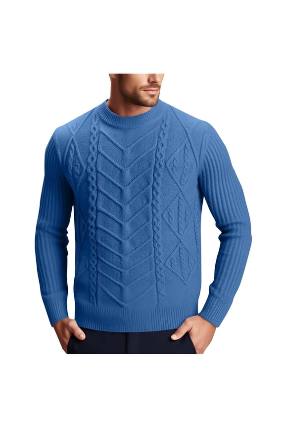 Men's Stretch Sweater Long Sleeve Crewneck Sweaters Cable Knit Sweater Solid Pullover Tops Fall Winter Casual Fashion Sweaters Blue XXXL