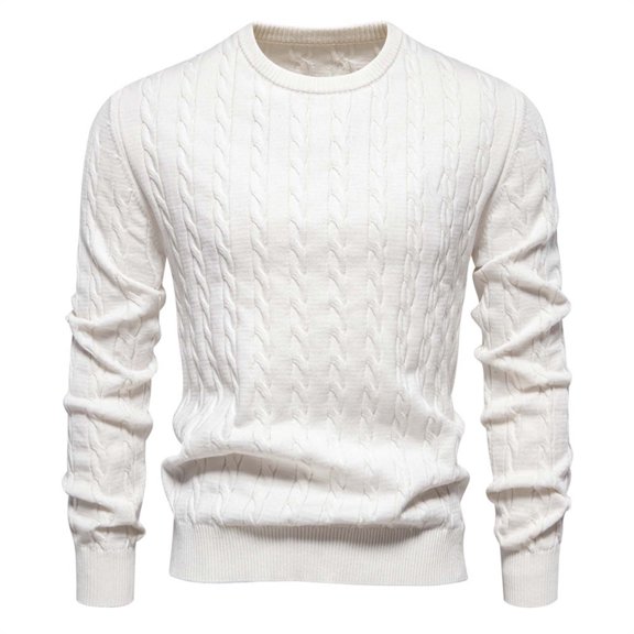 Timoontee Men's Stretch Sweater Long Sleeve Crewneck Sweaters Cable Knit Sweater Solid Pullover Tops Fall Winter Casual Fashion Sweaters White S