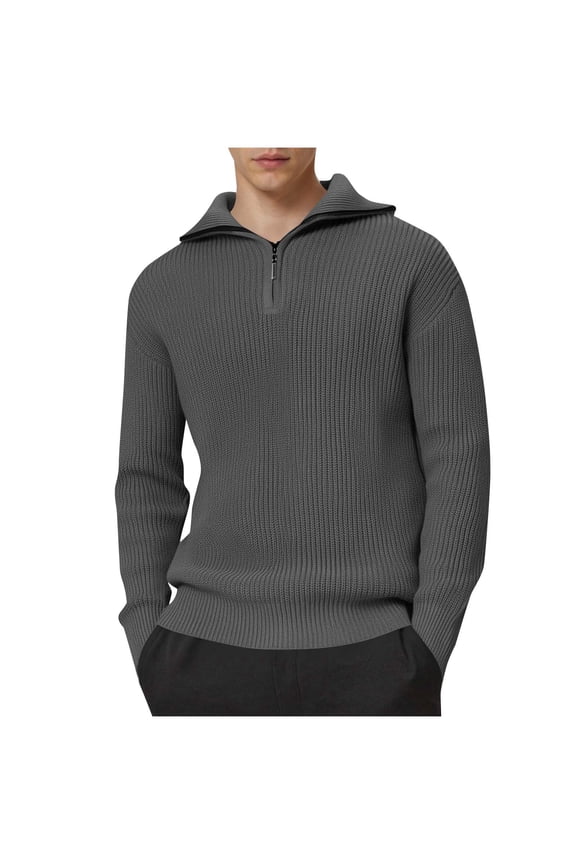 Men's Stretch Sweater Solid Quarter Zip Pullover Tops Casual Long Sleeve Knit Textured Sweaters Fall Winter Comfy Knit Sweaters Dark Gray XL