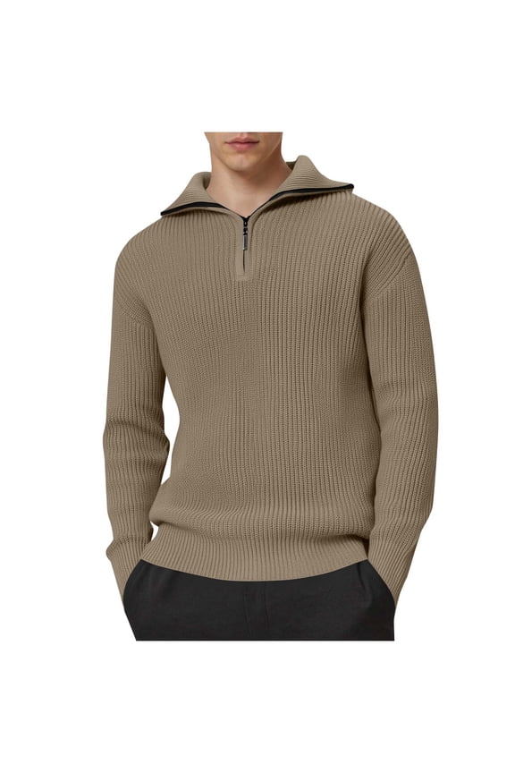 Men's Stretch Sweater Solid Quarter Zip Pullover Tops Casual Long Sleeve Knit Textured Sweaters Fall Winter Comfy Knit Sweaters Khaki XXL