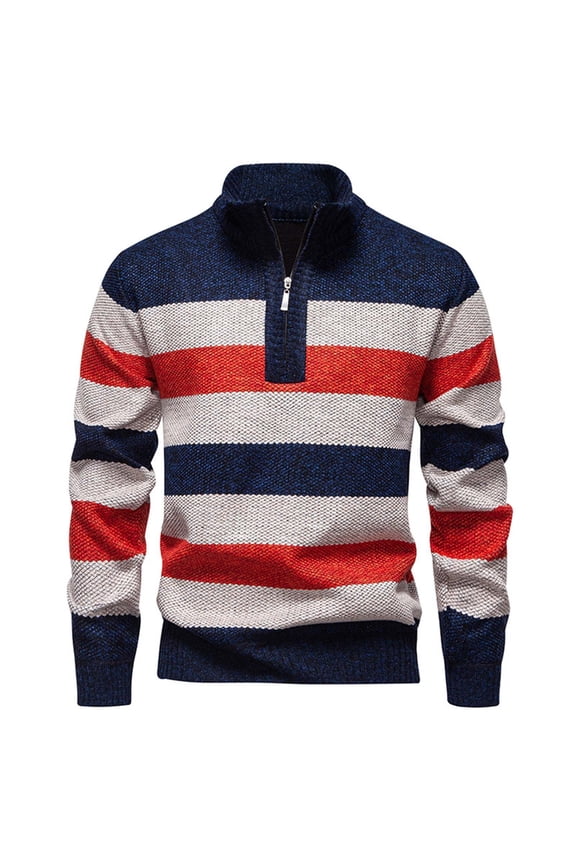 Men's Stretch Sweaters Casual Comfy Stand Collar Sweater Color Block Half Zip Pullover Sweaters Fall Winter Fashion Knit Sweaters Navy XL