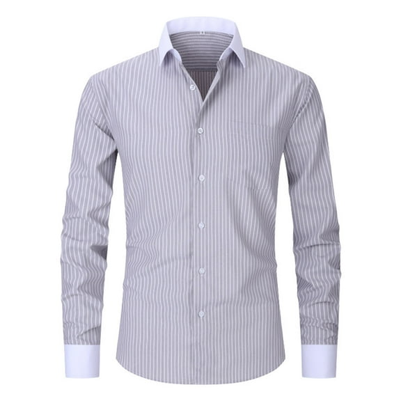 Timoontee Men's Striped T-Shirts Modern Fit Long Sleeve Lapel Collar Cardigan Shirts Classic Business Casual Pocket Button Down Shirts Gray XXXL