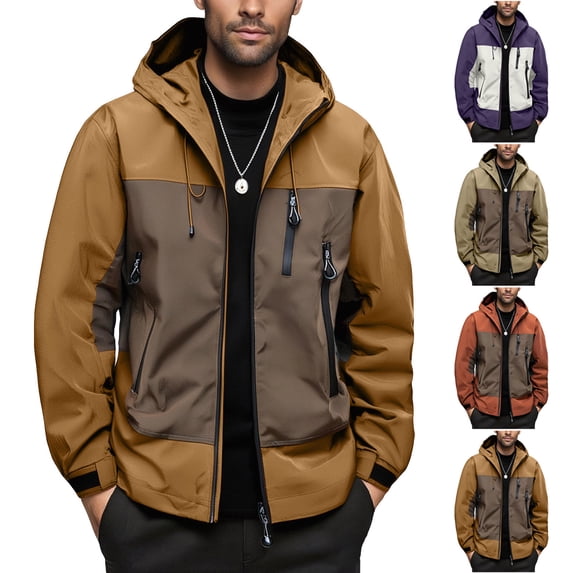 Timoontee Men's Stylish Jacket Fall Long Sleeve Hooded Jacket Daily Casual Workwear Jacket Color Block Zip Up Jacket Coat with Zip Pockets Purple L