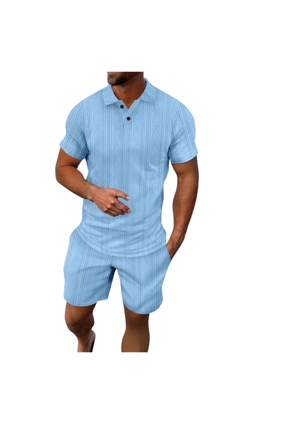Men's Summer Casual Breathable Tracksuits Short Sleeve Button Lapel Hollowed Out Shirts and Elastic Waist Shorts Solid 2 Piece Outfits for Daily Wear Blue XL