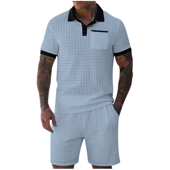 Timoontee Men's Summer Casual Breathable Tracksuits Short Sleeve Button Lapel Shirts and Elastic Waist Shorts Solid 2 Piece Outfits for Daily Wear Sky Blue S