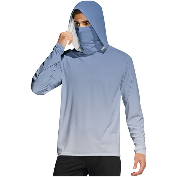 Timoontee Men's Summer Casual Hoodies Loose Fit Long Sleeve Gradient Color Pullover Tops Mask Lightweight Breathable Sun Protection Athletic Fishing Shirts Light Blue XXL