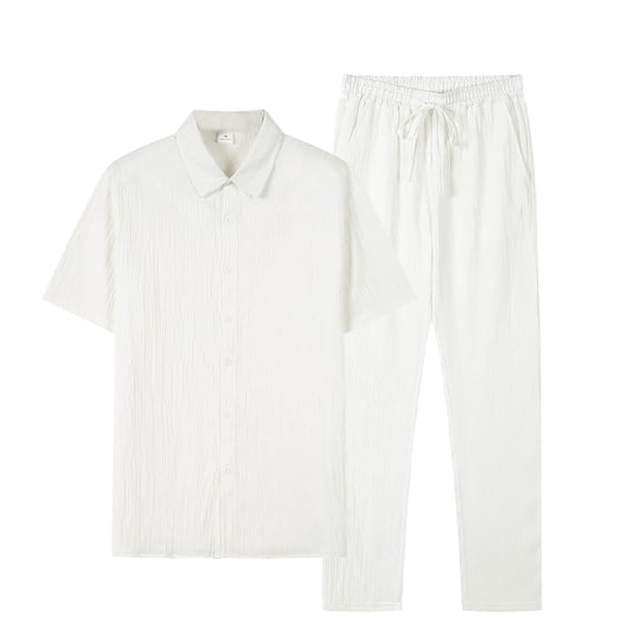 Timoontee Men's Summer Sets Lightweight Casual Tracksuit Solid 2 Piece Outfits Short Sleeve Button Down Collared Shirts with Drawstring Pants White XXXL