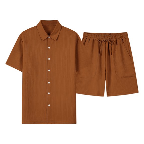 Timoontee Men's Summer Sets Lightweight Casual Tracksuit Solid 2 Piece Outfits Short Sleeve Button Down Collared Shirts with Drawstring Shorts Coffee XL