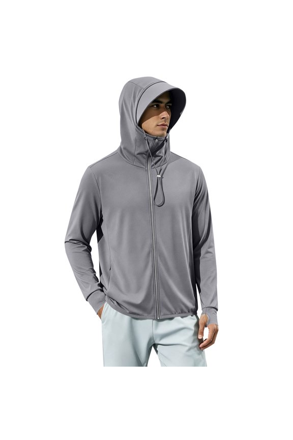 Men's Summer Solid Color Long Sleeve Sun Protection Jacket Face Cover Detachable Hood Pockets Gray M