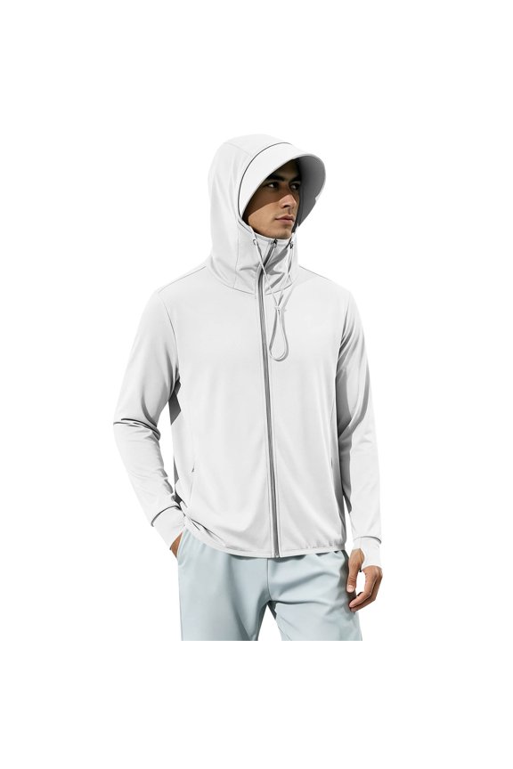 Men's Summer Solid Color Long Sleeve Sun Protection Jacket Face Cover Detachable Hood Pockets Silver M