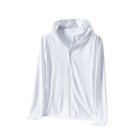 Timoontee Men's Summer Sun Protection Ice Silk Hoodies Loose Fit Casual Long Sleeve Solid Zip Up Tops Lightweight Outdoor Athletic Fishing Hoodies with Zip Pocket White M