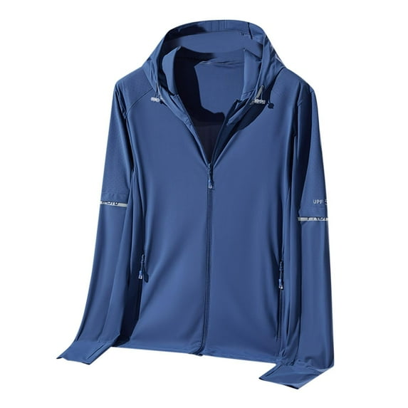 Timoontee Men's Summer Sun Protection Ice Silk Hoodies Relaxed Fit Casual Long Sleeve Solid Zip Up Tops Lightweight Outdoor Athletic Fishing Hoodies with Zip Pocket Blue XXL