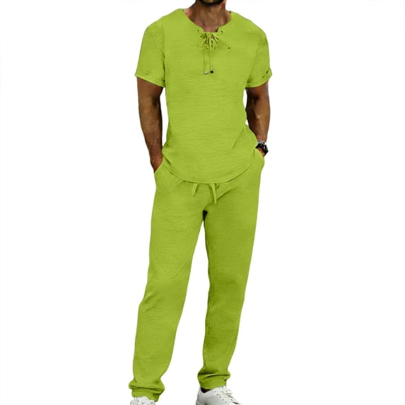 Timoontee Men's Summer Vacation Sets Lightweight Casual Tracksuit Solid 2 Piece Outfits Short Sleeve Crewneck Shirts with Drawstring Pants Green S