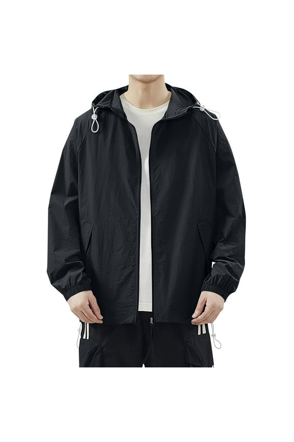 Men's Sun Protection Jacket Hooded Long Sleeve Ice Silk Jacket Coat Solid Pocket Zip Up Jackets Outdoor Casual Workout Windbreaker Black S
