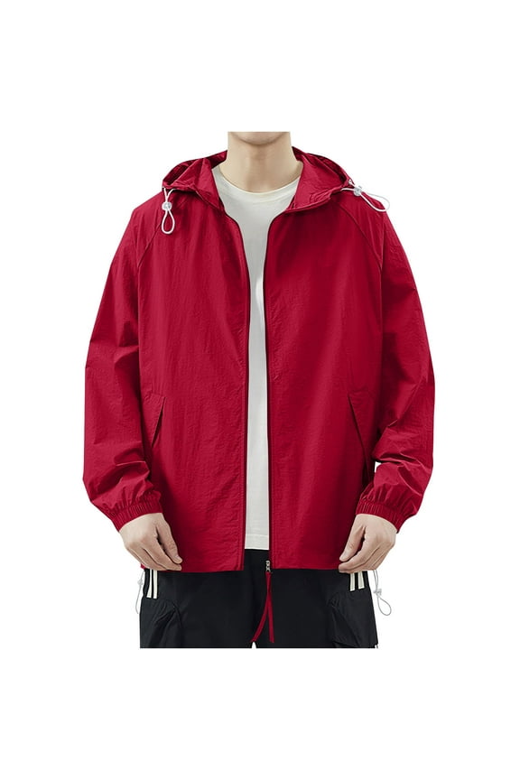 Men's Sun Protection Jacket Hooded Long Sleeve Ice Silk Jacket Coat Solid Pocket Zip Up Jackets Outdoor Casual Workout Windbreaker Red S