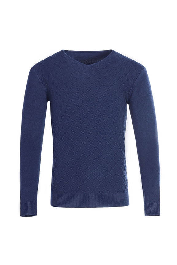Men's Sweater Fall Winter Casual Comfy Warm Sweater Long Sleeve V-Neck Knit Sweater Solid Pullover Tops Waffle Textured Sweater Navy L