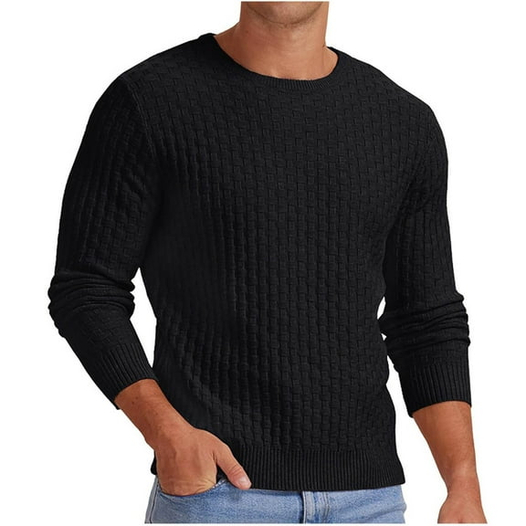 Timoontee Men's Sweater Solid Long Sleeve Pullover Tops Casual Comfy Crewneck Sweater Jacquard Textured Sweater Fall Winter Knit Sweaters Black XXL