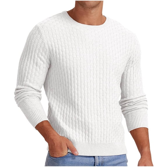 Timoontee Men's Sweater Solid Long Sleeve Pullover Tops Casual Comfy Crewneck Sweater Jacquard Textured Sweater Fall Winter Knit Sweaters White XL
