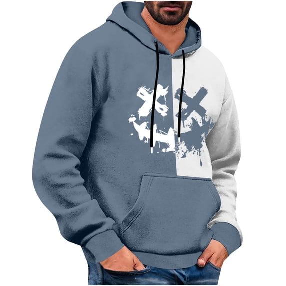 Timoontee Men's Sweatshirts Loose Long Sleeve Smile Face Print Pullover Tops Fall Winter Casual Hoodies Color Block Kangaroo Pocket Hooded Sweatshirts Light Blue XXL