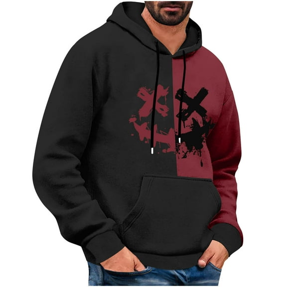 Timoontee Men's Sweatshirts Loose Long Sleeve Smile Face Print Pullover Tops Fall Winter Casual Hoodies Color Block Kangaroo Pocket Hooded Sweatshirts Wine L