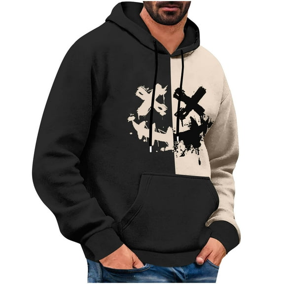 Timoontee Men's Sweatshirts Loose Long Sleeve Smile Face Print Pullover Tops Fall Winter Casual Hoodies Color Block Kangaroo Pocket Hooded Sweatshirts Beige XXL