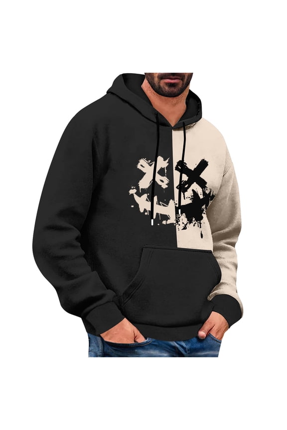 Men's Sweatshirts Loose Long Sleeve Smile Face Print Pullover Tops Fall Winter Casual Hoodies Color Block Kangaroo Pocket Hooded Sweatshirts Beige L