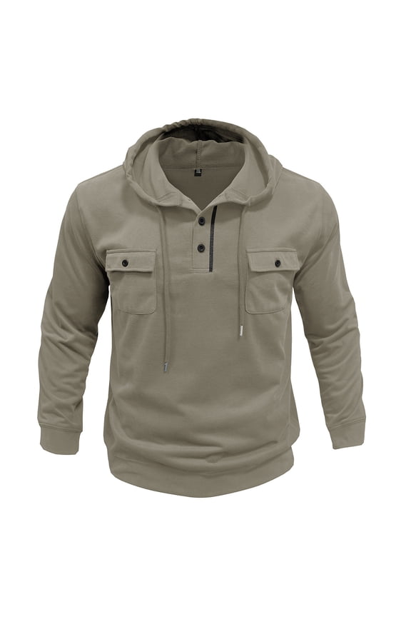 Men's Sweatshirts Modern Fit Long Sleeve Lapel Hooded Tops Fall Winter Warm Tops Lightweight Solid Color Button Pocket Sweaters Beige L