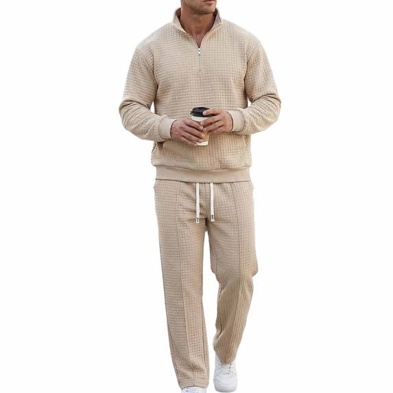 Timoontee Men's Sweatsuits 2 Piece Set Long Sleeve Mock Neck Quarter Zip Sweatshirts with Drawstring Sweatpants Casual Tracksuits for Jogger Hiking Etc Beige S