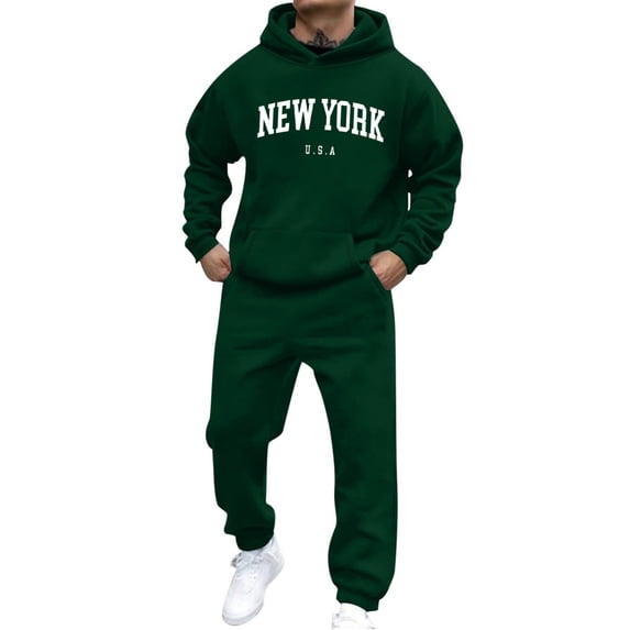 Timoontee Men's Sweatsuits Trendy Letter Print Pullover Sweatshirts Long Sleeve Casual Hiking Athletic Hoodies Drawstring Elastic Waist Sweatpants 2 Piece Outfit Army Green S