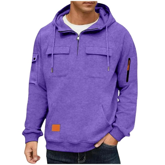 Timoontee Men's Tactical Hoodies Fall Sweatshirts Casual Durable Utility Workwear Athletic Hooded Sweatshirts Spring Hoodie Long Sleeve 1/4 Zip Pullover Tops Purple L
