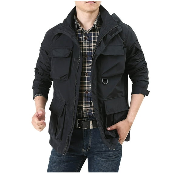 Timoontee Men's Tactical Jacket Relaxed Fit Long Sleeve Solid Multi Pocket Zipper Jacket Outdoor Casual Hiking Gamping Workout Jacket Coat Black XXXXL