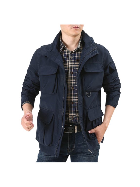 Men's Tactical Jacket Relaxed Fit Long Sleeve Solid Multi Pocket Zipper Jacket Outdoor Casual Hiking Gamping Workout Jacket Coat Blue XXXL