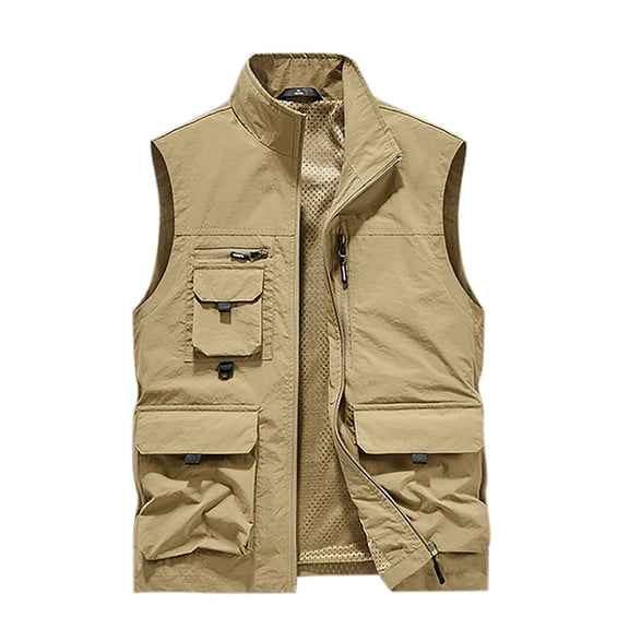 Timoontee Men's Tank Tops Outdoor Hiking Workout Vest Fall Casual Work Waistcoat Sleeveless Stand Collar Zip Up Jacket Vest with Multi Pockets Khaki XXXL