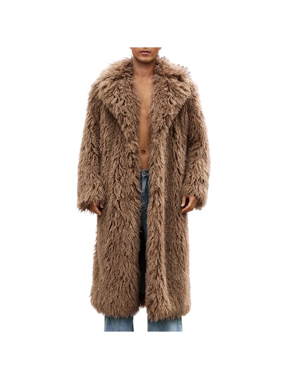 Men's Thermal Windbreaker Fluffy Faux Fur Long Overcoat Winter Spring Warm Outwear Parka Coat Brown L