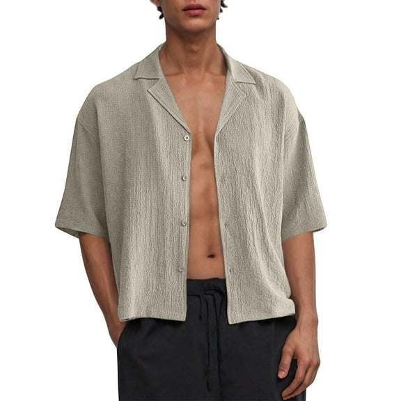 Timoontee Men's Thin Shirts Long Sleeve Lapel Tops Solid Button Down Cropped Shirts Lightweight Summer Beach Casual Shirts Gray L