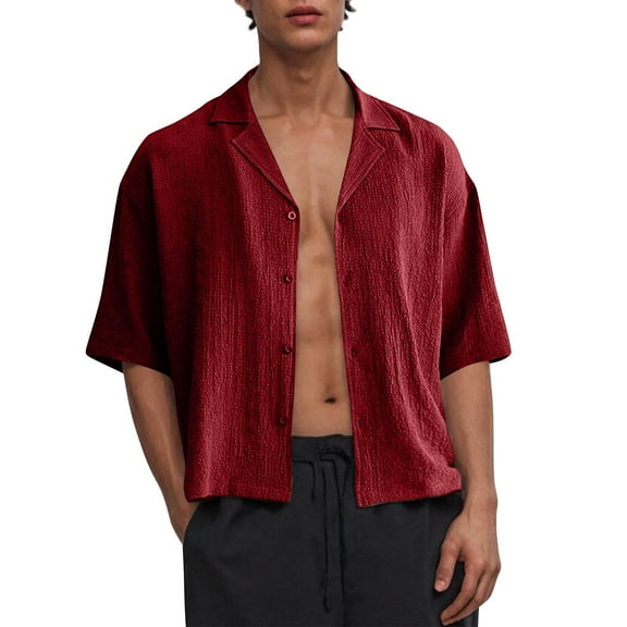 Timoontee Men's Thin Shirts Long Sleeve Lapel Tops Solid Button Down Cropped Shirts Lightweight Summer Beach Casual Shirts Wine L