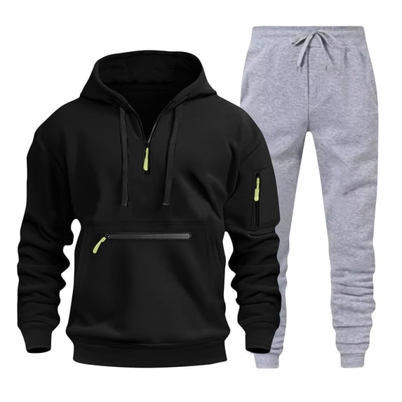 Timoontee Men's Track Suits 2 Piece Set Active Jogging Suits Long Sleeve Quarter Zip Hoodies Pullover Sweatshirts Drawstring Jogging Pants Casual Outfits Black L