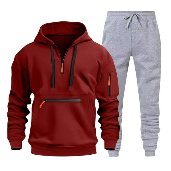 Timoontee Men's Track Suits 2 Piece Set Active Jogging Suits Long Sleeve Quarter Zip Hoodies Pullover Sweatshirts Drawstring Jogging Pants Casual Outfits Wine S