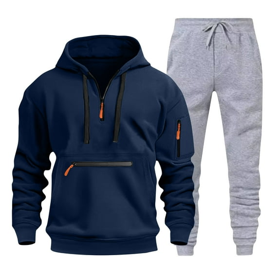 Timoontee Men's Track Suits 2 Piece Set Active Jogging Suits Long Sleeve Quarter Zip Hoodies Pullover Sweatshirts Drawstring Jogging Pants Casual Outfits Dark Blue L