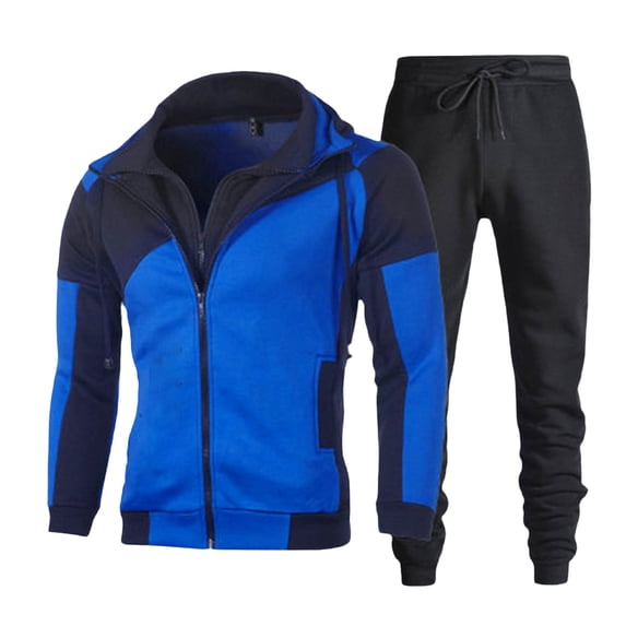 Timoontee Men's Track Suits Full Zip Sweatsuits 2 Piece Set Active Tracksuits Long Sleeve Hooded Sweatshirts Drawstring Joggers Color Block Casual Outfits Blue XL