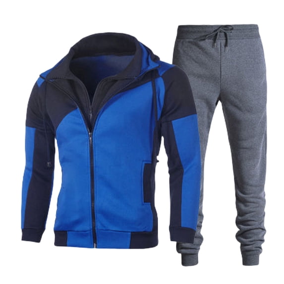 Timoontee Men's Track Suits Full Zip Sweatsuits 2 Piece Set Active Tracksuits Long Sleeve Hooded Sweatshirts Drawstring Joggers Color Block Casual Outfits Blue L