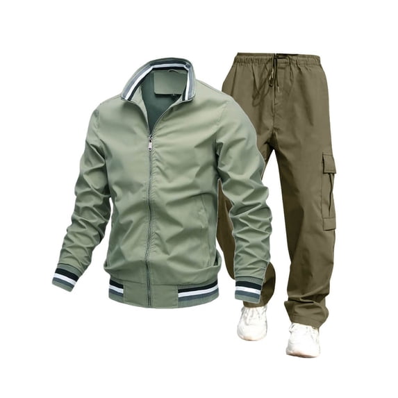 Timoontee Men's Track Suits Full Zip Sweatsuits 2 Piece Set Long Sleeve Lapel Collar Jacket with Drawstring Cargo Pants Fashion Casual Solid Jacket Set Green M
