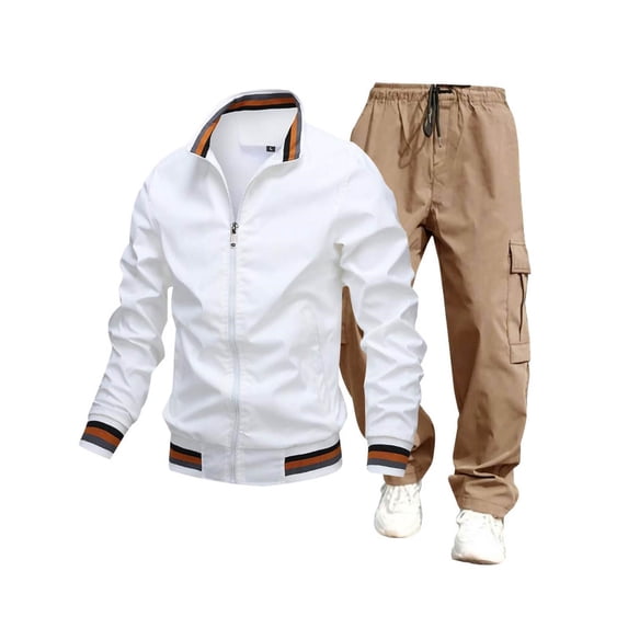Timoontee Men's Track Suits Full Zip Sweatsuits 2 Piece Set Long Sleeve Lapel Collar Jacket with Drawstring Cargo Pants Fashion Casual Solid Jacket Set White XL