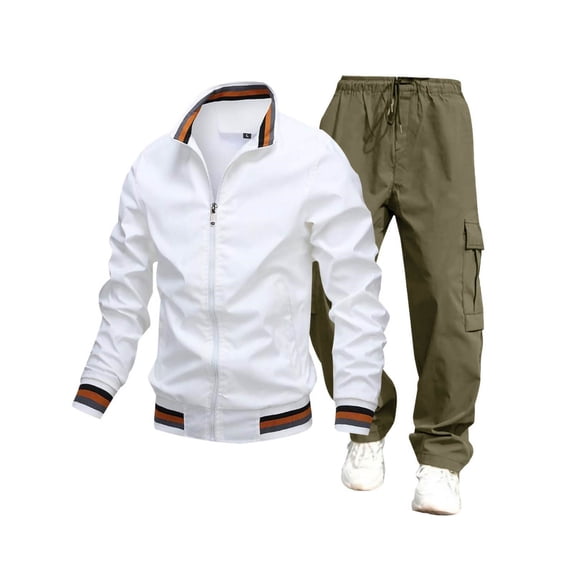 Timoontee Men's Track Suits Full Zip Sweatsuits 2 Piece Set Long Sleeve Lapel Collar Jacket with Drawstring Cargo Pants Fashion Casual Solid Jacket Set White XXL
