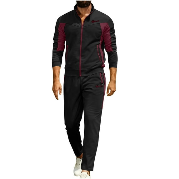 Timoontee Men's Tracksuit 2 Piece Outfits Long Sleeve Mock Neck Athletic Set Zip Up Jacket with Elastic Waist Drawstring Jogger Daily Casual Sets Wine XL